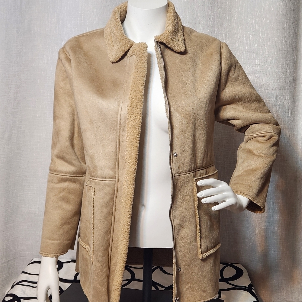 Zara Sherpa Suede Jacket Tan Size 13-14 Full Zip Collared